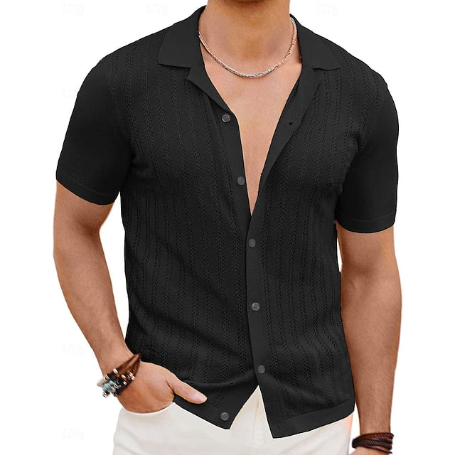 Button Men's Black Cardigan Summer Shirt Up