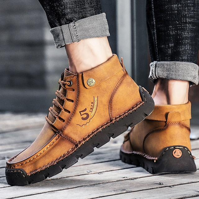 Casual Men's Lace-Up Leather Ankle Vintage Boots –