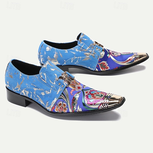 Cowhide Men's Leather Loafers with Floral Pattern Blue