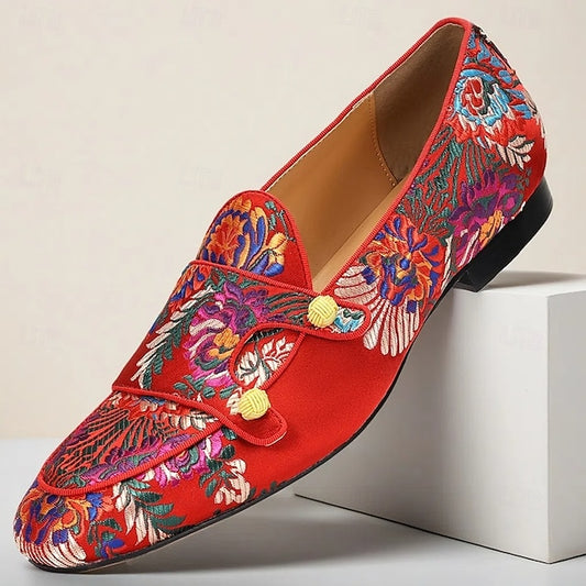 Cowhide with Embroidery Mules Red and Premium Floral Men's