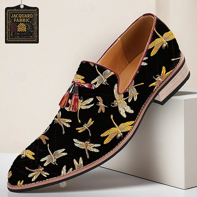 Black Embroidery with Men's Jacquard Dragonfly Loafers