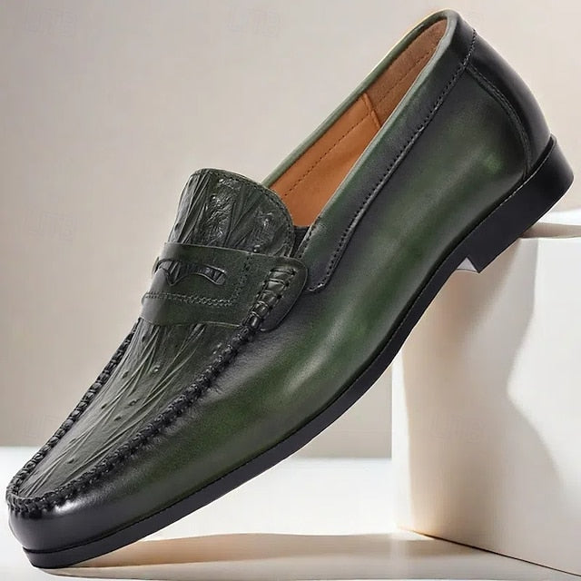 Leather Men's with Green Crocodile Pattern – Loafers