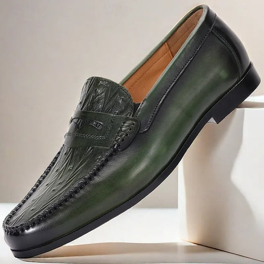 Leather Men's with Green Crocodile Pattern – Loafers