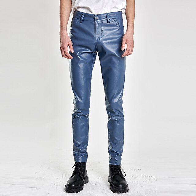 Leather Pants Men's Plain Pocket Faux Trousers Casual
