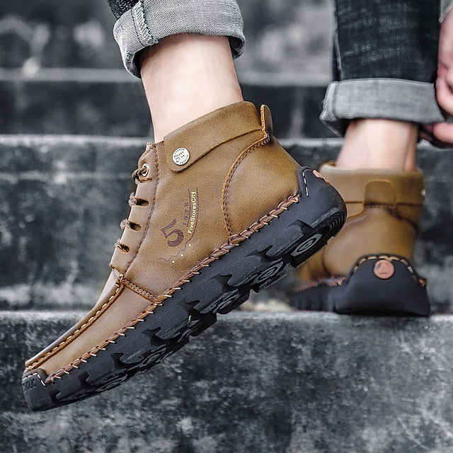 Casual Men's Lace-Up Leather Ankle Vintage Boots –