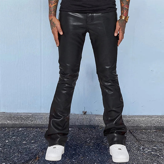 Pocket Casual Pants Men's Plain Faux Trousers Leather