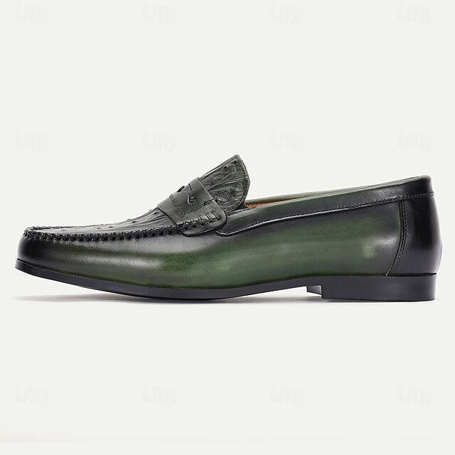 Leather Men's with Green Crocodile Pattern – Loafers