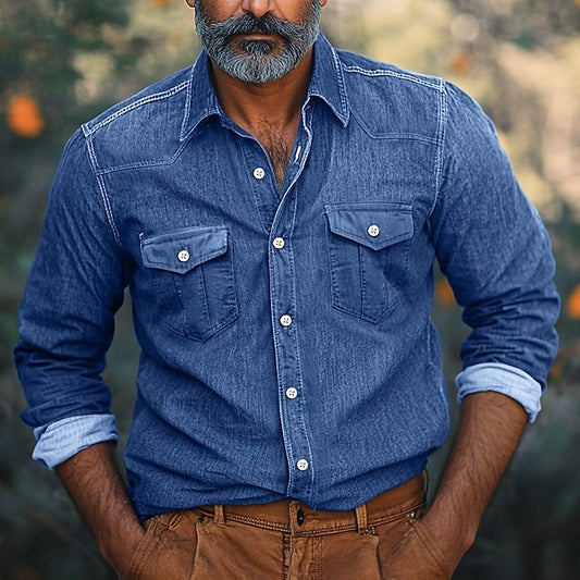Calico Button Casual Men's Shirt Chambray