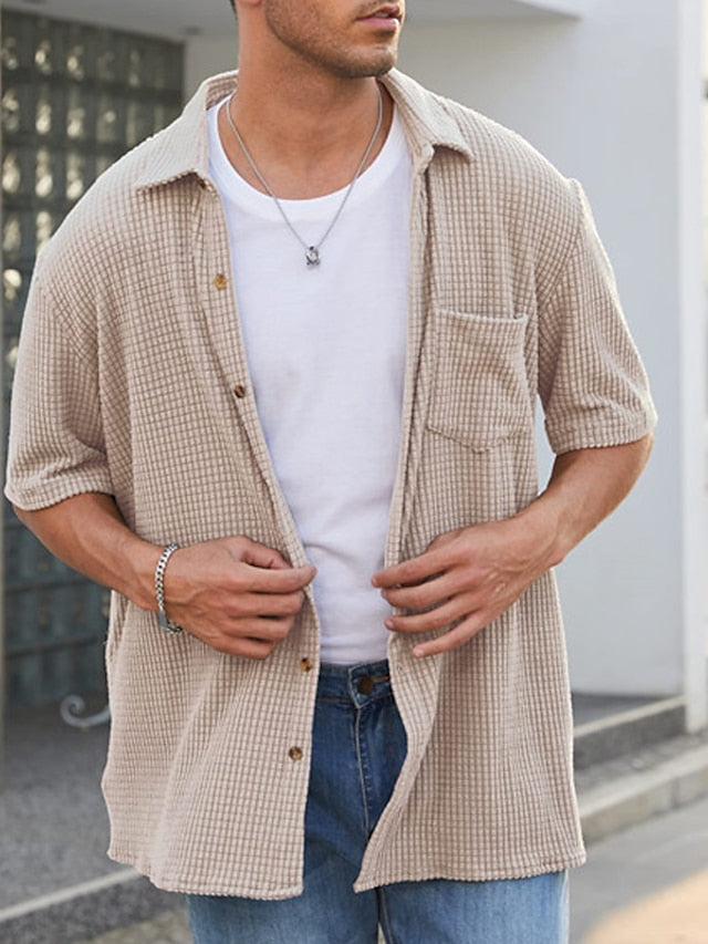 Button Men's Waffle Casual Shirt Summer