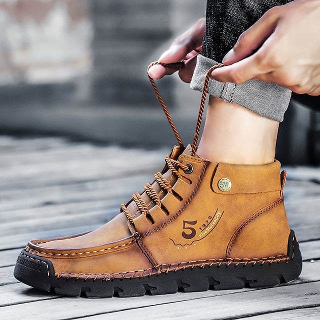 Casual Men's Lace-Up Leather Ankle Vintage Boots –