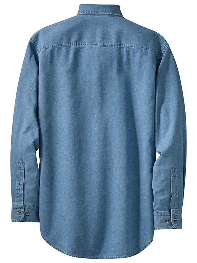 Blue Shirt Plain Turndown Dark Jeans Long Men's Sleeve