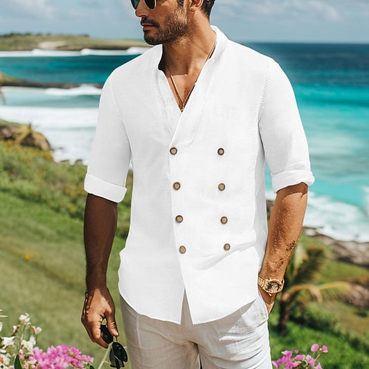 Linen Men's Band Shirt Summer Collar