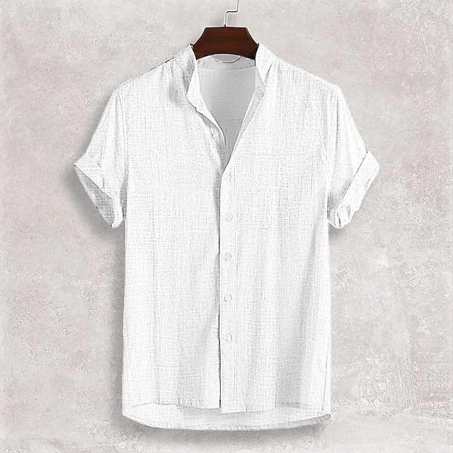 Plain Men's Band Casual Shirt Linen Collar