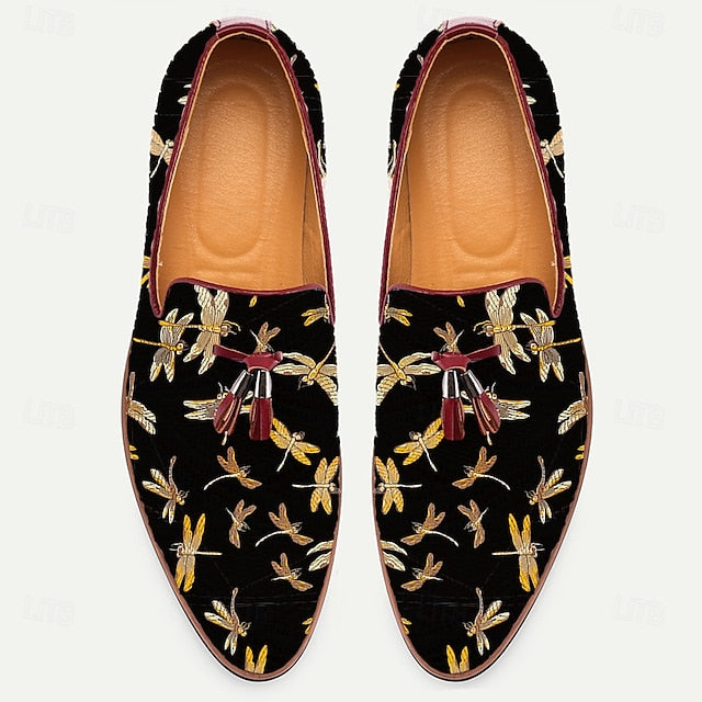 Black Embroidery with Men's Jacquard Dragonfly Loafers