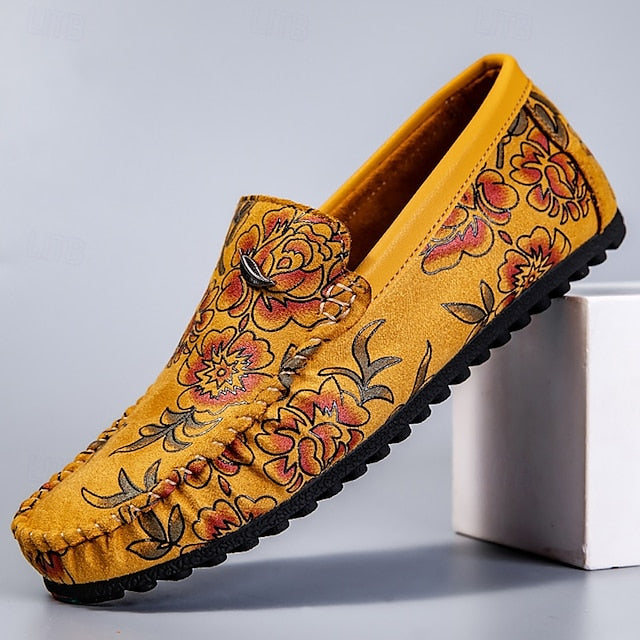 and Leather Men's Loafers White Checkered Orange Slip-On