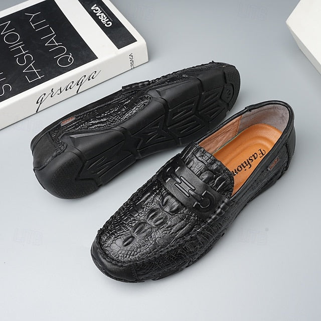 Leather Black with Loafers Faux Men's White Crocodile