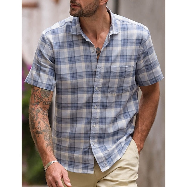 Linen Men's Up Solid Button Shirt Summer