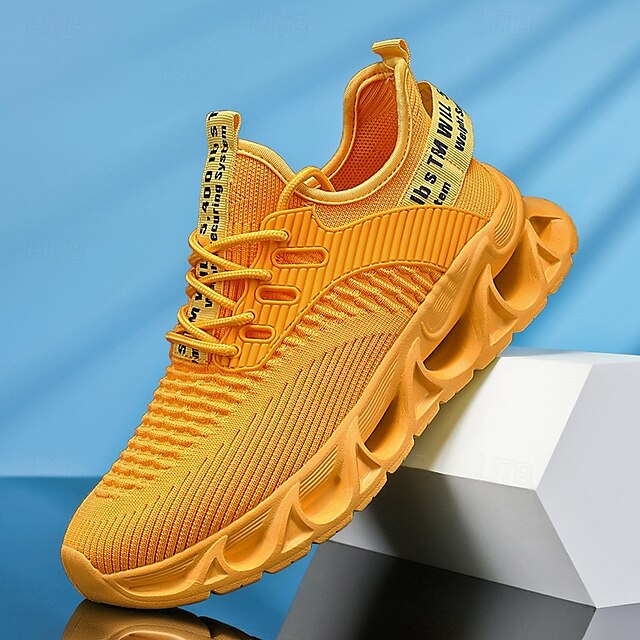 Elastic Sneakers Neon Yellow Knit Men's Sports with Upper