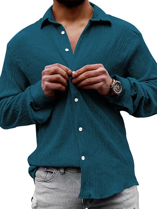 Shirt Blue Casual Men's White Up Black Button