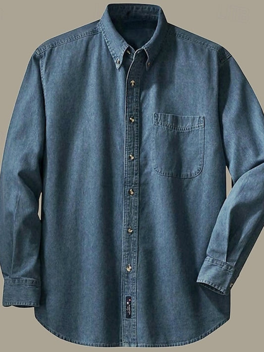 Blue Shirt Plain Turndown Dark Jeans Long Men's Sleeve