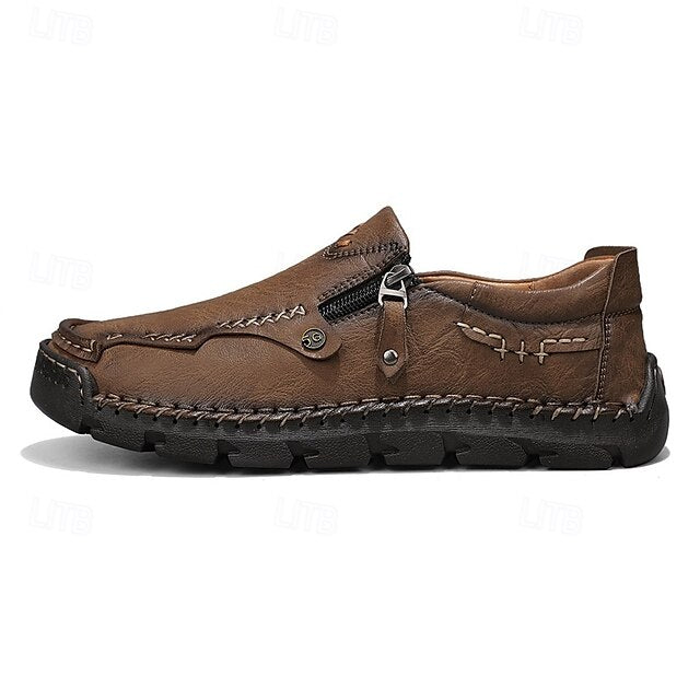 Faux Loafers Leather Brown Slip-On with Side Men's Zipper