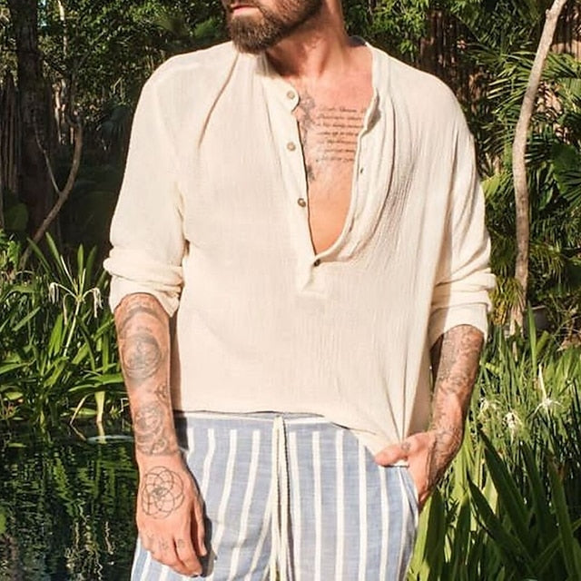 Shirt Men's Band Collar Linen Popover