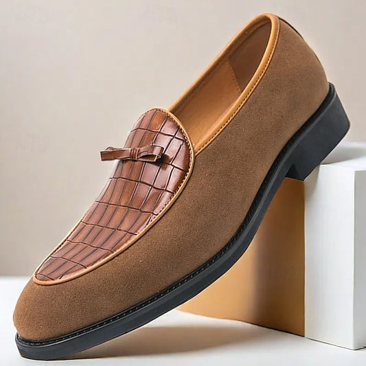 Brown Faux Men's Suede and Pattern Crocodile with Loafers