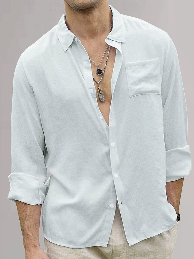 Plain Vacation Cotton Shirt Linen Black Men's Yellow Green